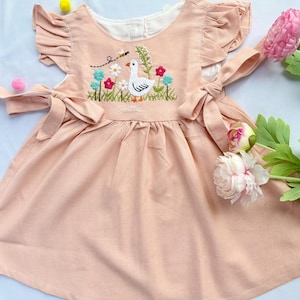 Custom Hand Embroidered Dress, Goose And Bee Dress, Wild FlowerDress, Kid Linen Dress, Toddler Linen Cotton Dress, Baby Dress,Birthday Dress