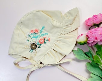 Vintage Hand Embroidered Linen Baby Bonnet, Custom Bonnet, Rose Bonnet, Personalized Embroidered Bonnet, Baby Sunbonnet, Neutral Baby Gift