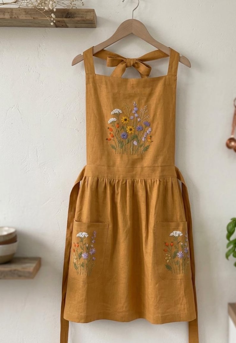 May include: A mustard yellow apron featuring intricate floral embroidery on the chest and two front pockets. The design includes colorful wildflowers in shades of white, orange, purple, and yellow. The apron has wide shoulder straps and a tie back.