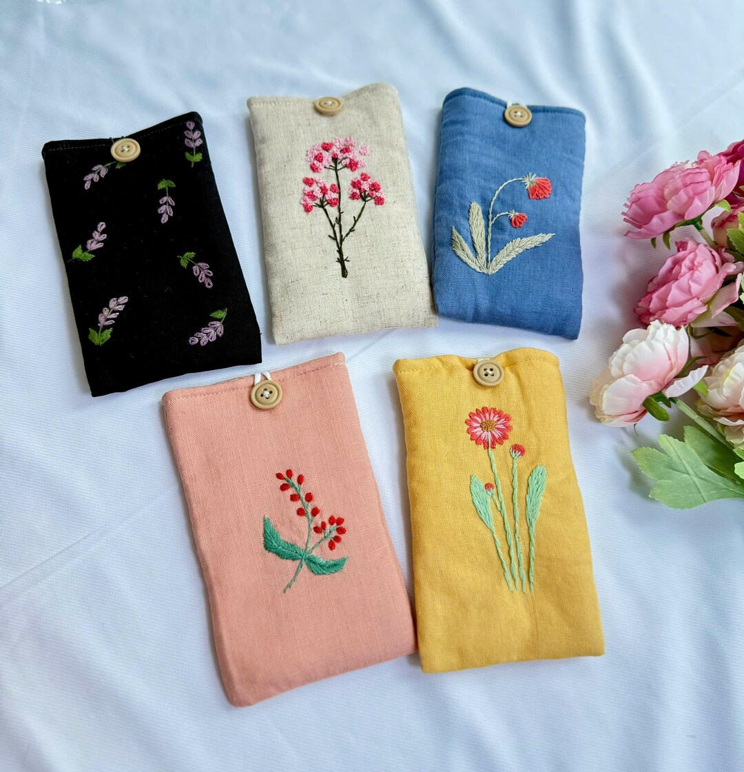 花柄刺繍入り眼鏡ケース、カスタム生地ソフトサングラスケース、手刺繍