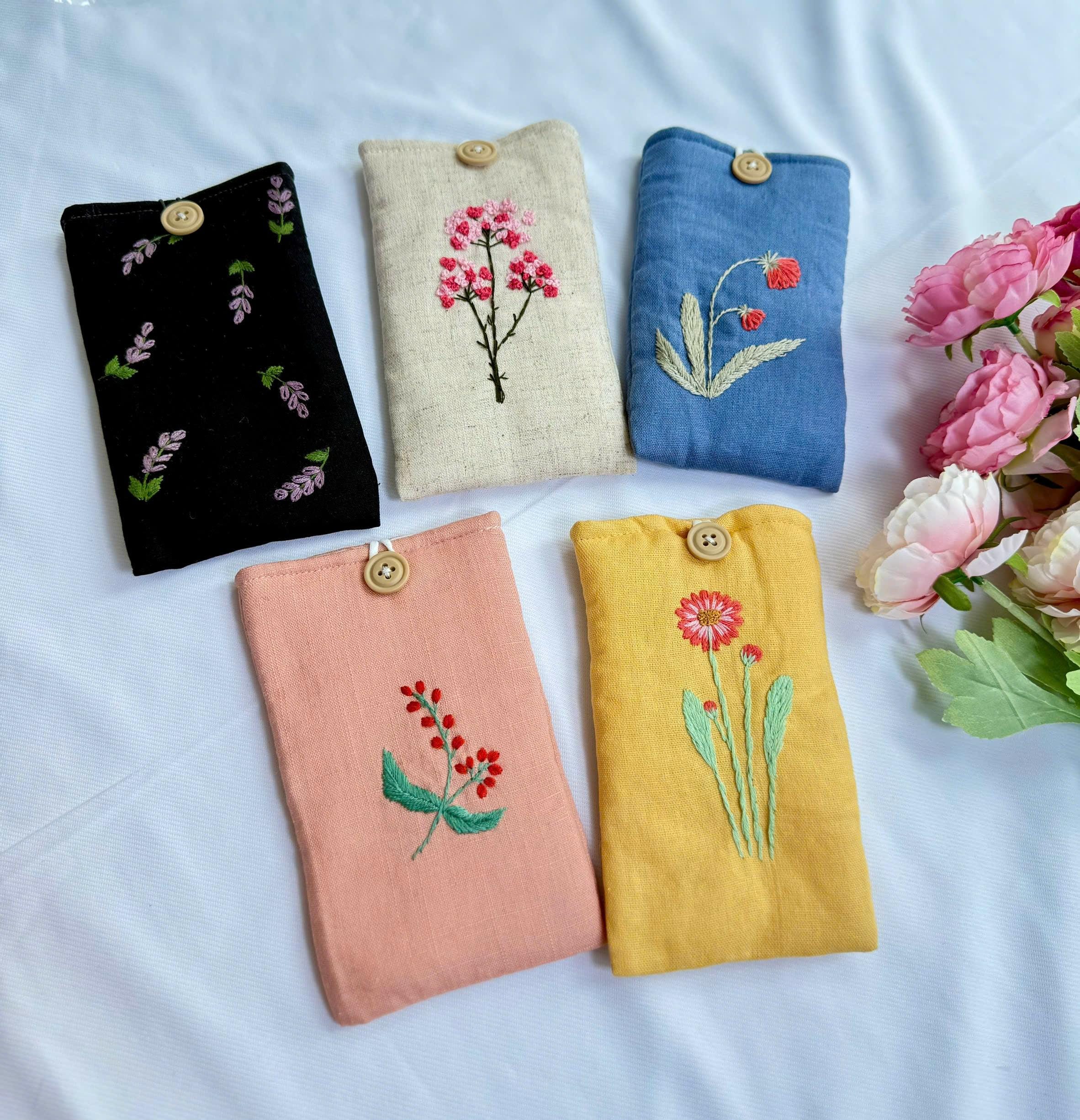 花柄刺繍入り眼鏡ケース、カスタム生地ソフトサングラスケース、手刺繍