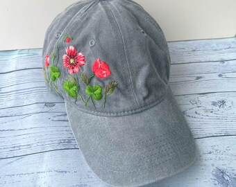 Poppy Flowers and Clovers Hand Embroidered Baseball Cap