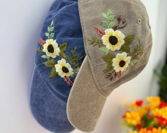 Custom Floral Hand Embroidered Baseball Cap, Daisy Embroidered Hat,Wash Cotton Hat,Personalized Embroidered Cap,Women Hat,Summer Hat