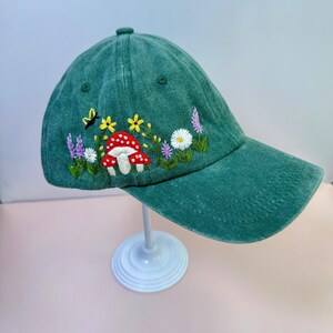Mushroom And Flower Embroidered Baseball Cap, Daisy Hand Embroidered Baseball Cap, Wash Cotton Hat, Embroidered Denim Cap, Summer Hat