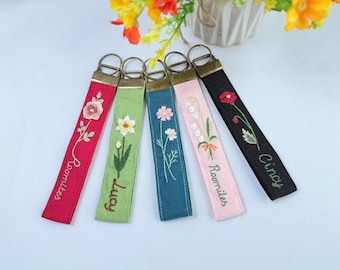 Gestickter Geburtsmonat Blumen-Handgelenk-Lanyard-Schlüsselbund, handgemachter Schlüssel, Blumen-Schlüsselanhänger, personalisiertes Geschenk, individuelles Geschenk, Geschenk für sie.
