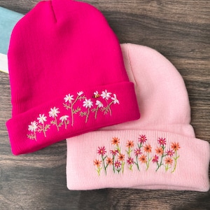 Hand Embroidered Beanie, Mushroom Beanie, Daisy Beanie, Wild Flower And Bee Beanie, Boho Beanie, Winter Hat, Christmas Gift, Birthday Gift