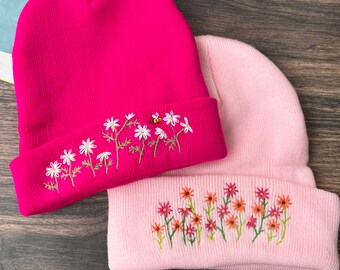 Hand Embroidered Beanie, Mushroom Beanie, Daisy Beanie, Wild Flower And Bee Beanie, Boho Beanie, Winter Hat, Christmas Gift, Birthday Gift