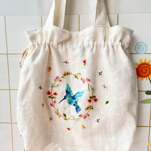 Bird With Flowers Embroidered Linen Tote Bag, Shoulder Bag, Daisy Tote Bag, Hand Embroidered Tote, Personalised Bag, Drawstring Tote Bag.