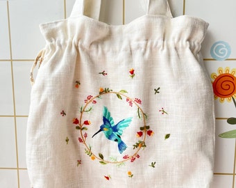 Bird With Flowers Embroidered Linen Tote Bag, Shoulder Bag, Daisy Tote Bag, Hand Embroidered Tote, Personalised Bag, Drawstring Tote Bag.