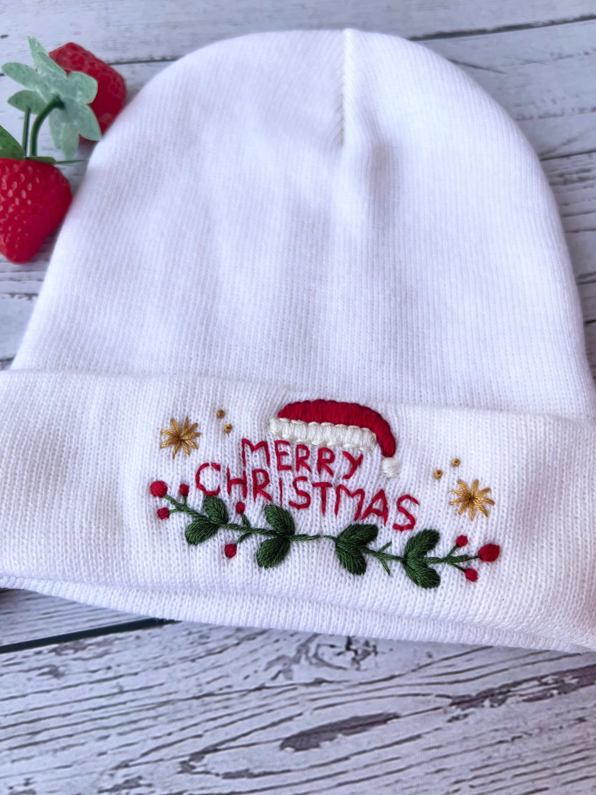 Hand Embroidered Beanie - Christmas Beanie, Boho Beanie, Winter Hat, Christmas Gift, New Year Gift, Christmas tree, Snow flake