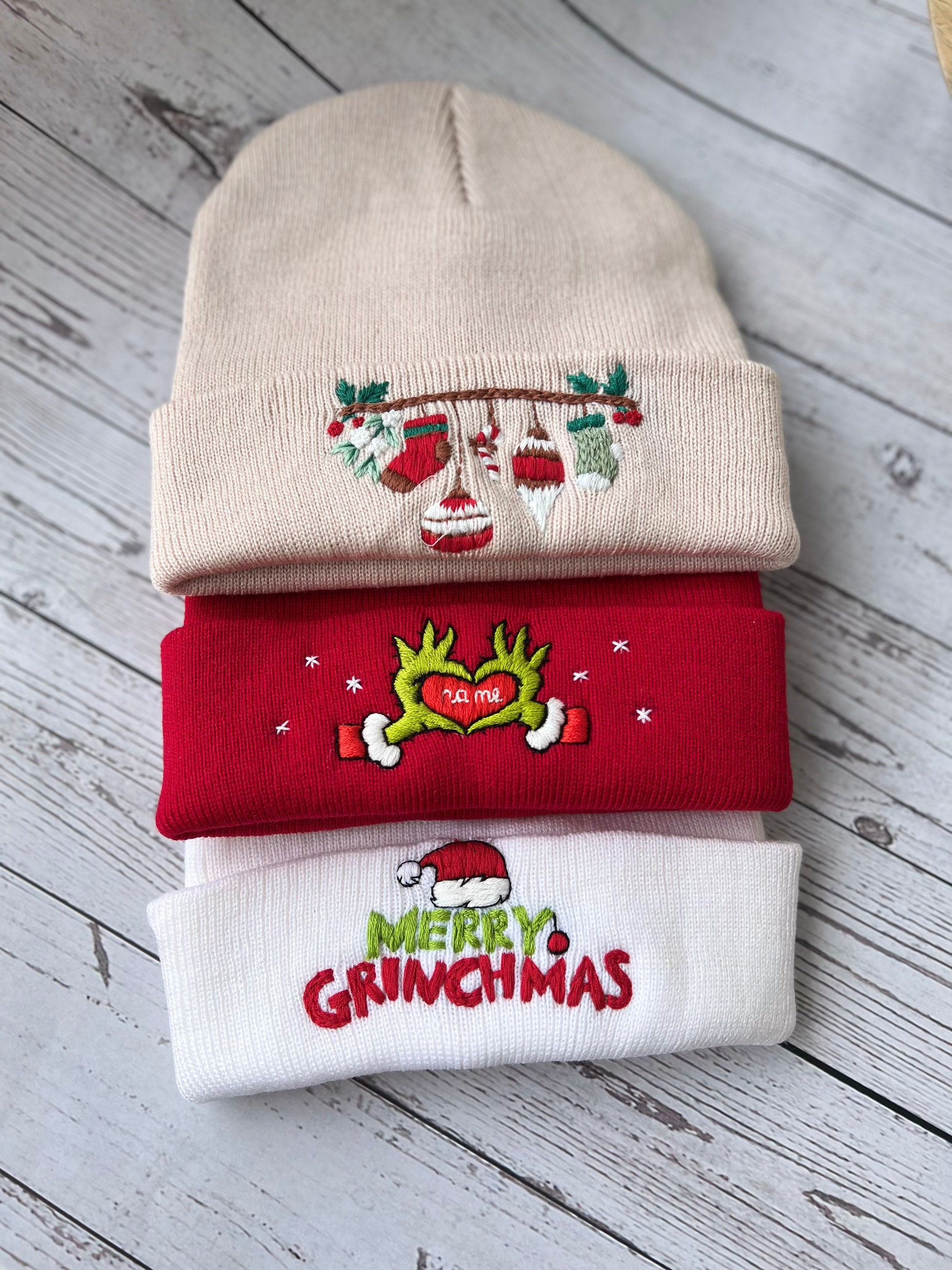 Hand Embroidered Beanie - Christmas Beanie, Boho Beanie, Winter Hat, Christmas Gift, New Year Gift, Christmas tree, Snow flake