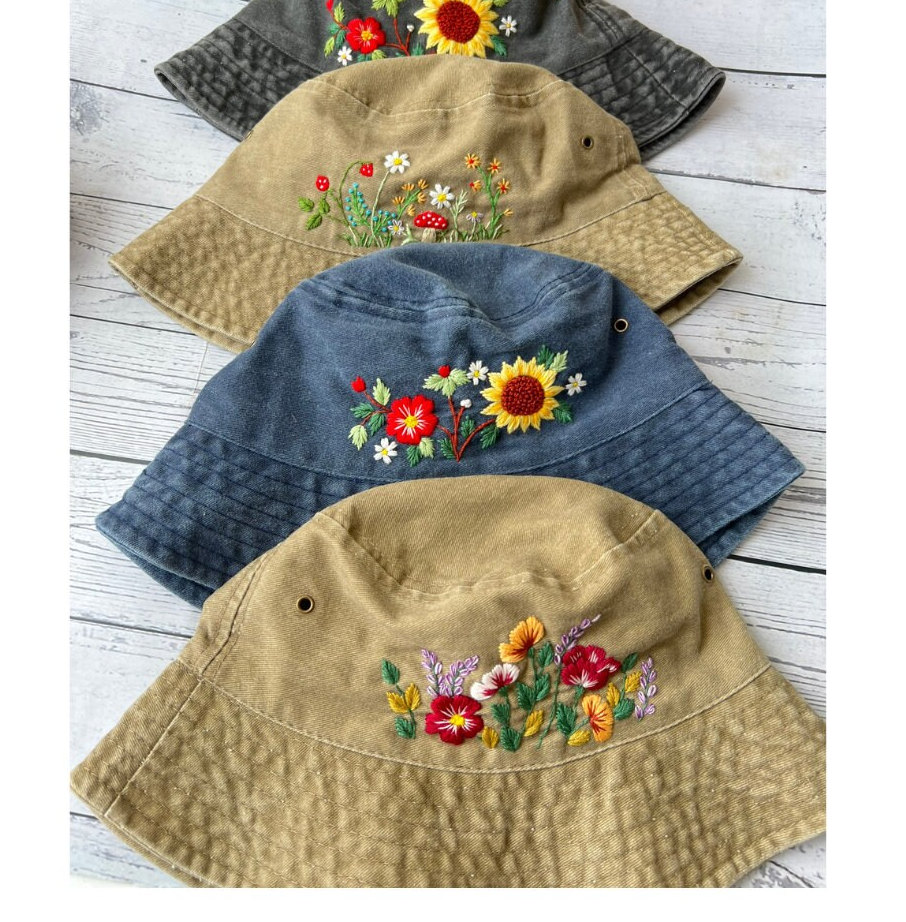Custom Hand Embroidery Floral Bucket Hat, Daisy Embroidered