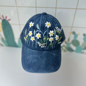 Custom Floral Baseball Cap, Daisy Hand Embroidered Baseball Cap, Wash Cotton Hat, Embroidered Denim Cap, Hat For Women, Summer Hat, Daiy Hat