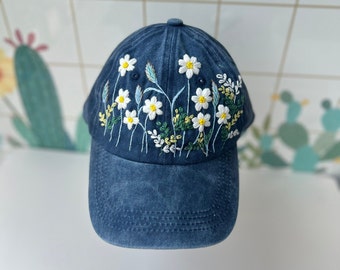 Custom Floral Baseball Cap, Daisy Hand Embroidered Baseball Cap, Wash Cotton Hat, Embroidered Denim Cap, Hat For Women, Summer Hat, Daiy Hat