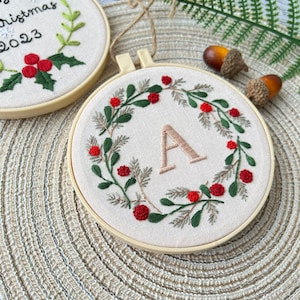 Custom Text Embroidered Ornament, Hand Embroidered Baby&#39;s first Christmas Ornament, Initial Ornament, Christmas Decor, Holiday Decor