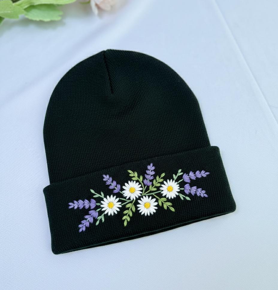 Hand Embroidered Beanie, Mushroom Beanie, Daisy Beanie, Wild