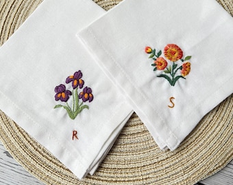 Birth Month Flower Embroidered Handkerchiefs, Custom Linen Handkerchief, Personalized Handkerchief, Flower Handkerchiefs, Birthday Gifts.