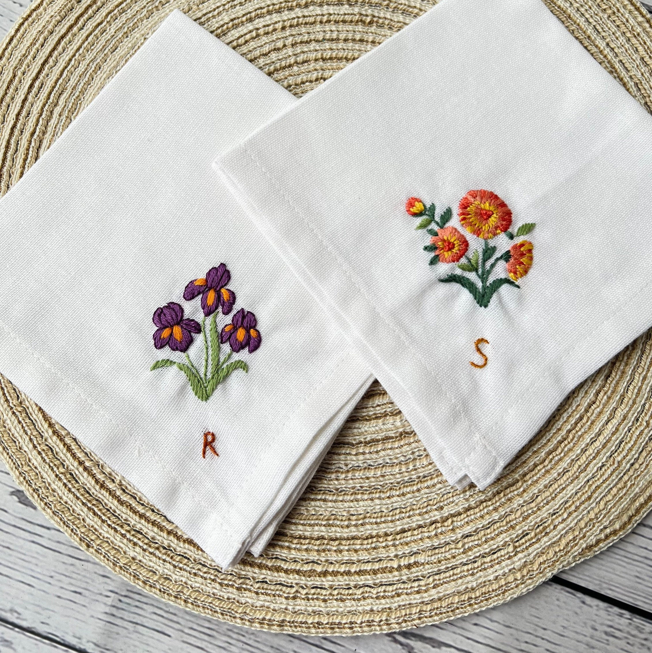 Birth Month Flower Embroidered Handkerchiefs, Custom Linen