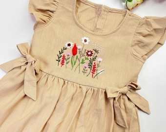 Custom Hand Embroidered Dress, Wild Flower Dress, Kid Linen Dress, Toddler Linen Dress, Baby Dress, First Birthday Dress, Birthday Outfit