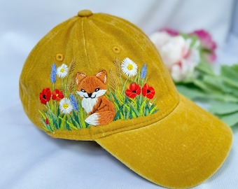 Fox And Poppy Flowers Embroidered Baseball Cap, Daisy Hand Embroidered Baseball Cap, Wash Cotton Hat, Embroidered Denim Cap, Summer Hat