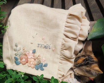 Personalized Hand Embroidered Linen Baby Bonnet With Flowers, Custom Name Linen Bonnet, Baby Sunbonnet White, Neutral Baby Gift