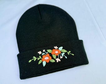Hand Embroidered Beanie, Mushroom Beanie, Daisy Beanie, Wild Flower And Bee Beanie, Boho Beanie, Winter Hat, Christmas Gift, Birthday Gift