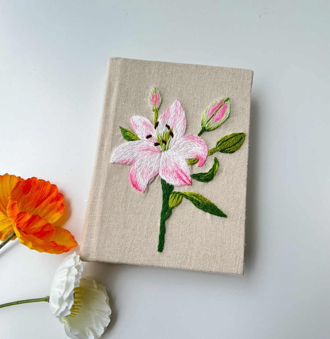 Pink Lily Flower Hand Embroidered Notebook A5 A6, Personalized Notebook ...