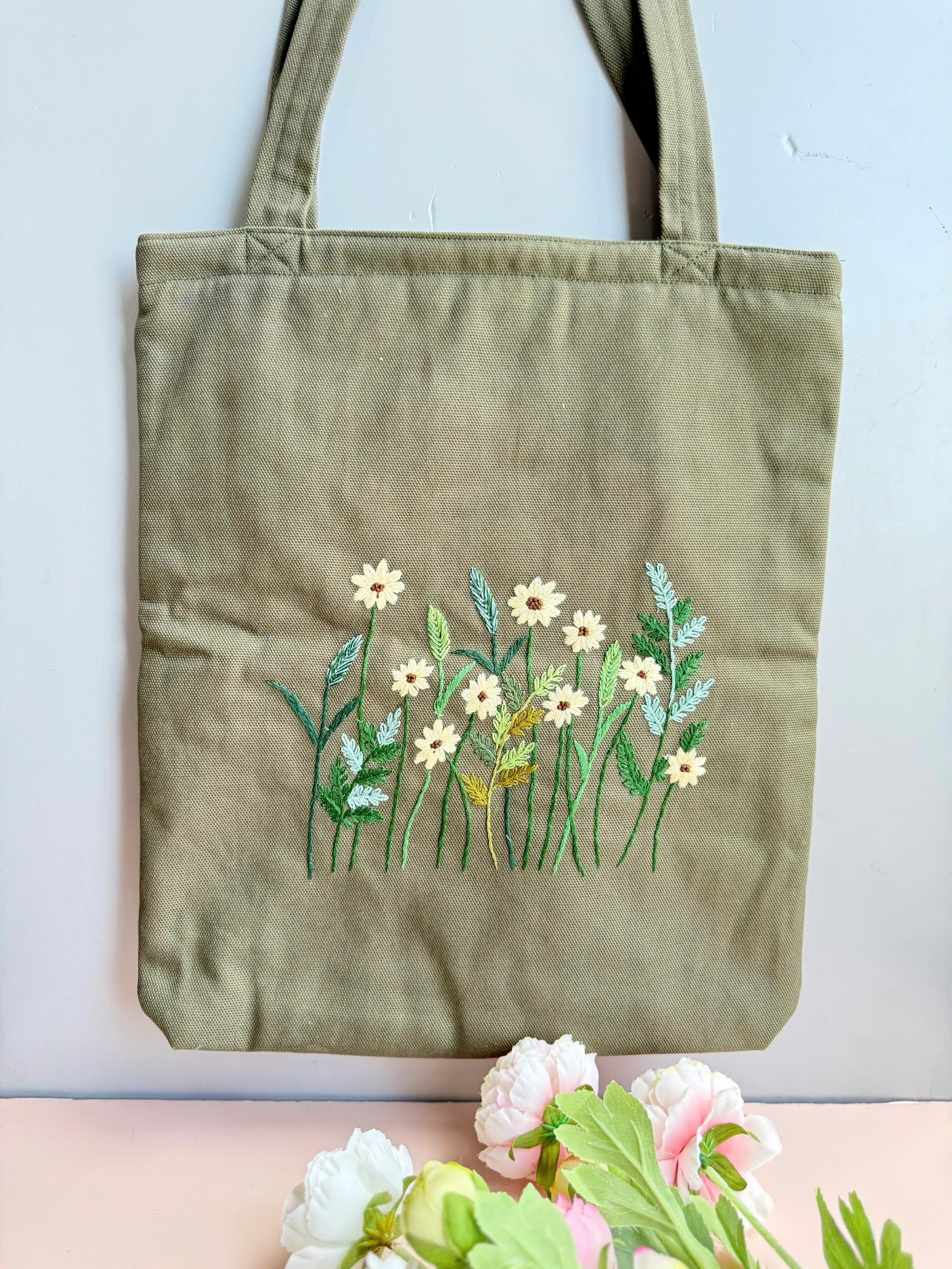 デイジー刺繍入りリネントートバッグ（ファスナー付き）、ワイルド