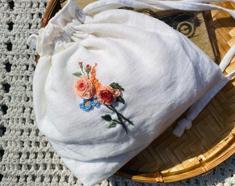 Embroidered Drawstring Linen Bag, Embroidered Floral Pouch, Rose Tea Bag, Hand Embroidered Cosmetic Bag, Jewelry Pouch, Flower Linen Bag,