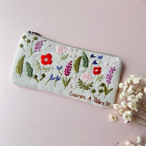 Personalized Hand Embroidered Pencil Case, Flower Linen Pouch, Handmade Makeup Bag, Bridesmaid Gift, Linen Coin Purse, Wild Flower Pouch