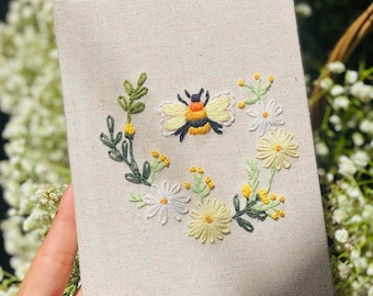 Journal Notebook A6 A5, Flower Hand Embroidered Notebook, Fabric cover, Daisy Journal, Handmade Vintage Notebook,Custom Journal