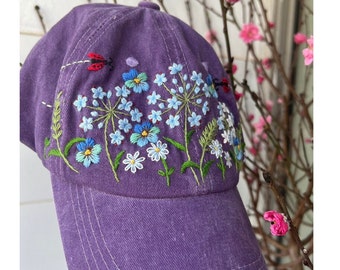Floral Baseball Cap With Pansi Flowers And Lady bugs, Daisy Hand Embroidered Baseball Cap, Embroidered Denim Cap, Hat For Women, Summer Hat
