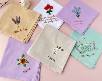 Custom Embroidered Handkerchiefs, Personalized Linen Embroidered Handkerchief, Wild Flower Handkerchief, Hand Embroidery, Wedding Gift