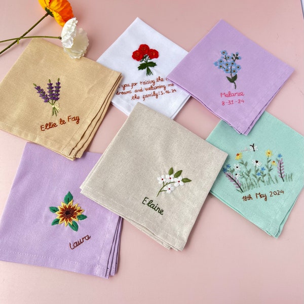 Individuell bestickte Taschentücher, personalisiertes Leinen besticktes Taschentuch, Wildblumen-Taschentuch, Handstickerei, Hochzeitsgeschenk