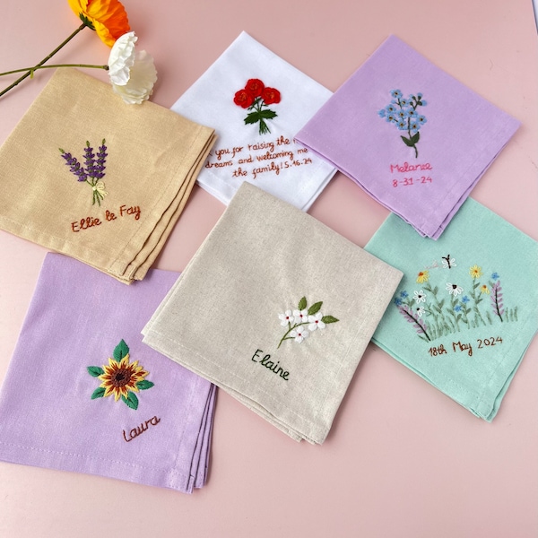 Custom Embroidered Handkerchiefs, Personalized Linen Embroidered Handkerchief, Wild Flower Handkerchief, Hand Embroidery, Wedding Gift