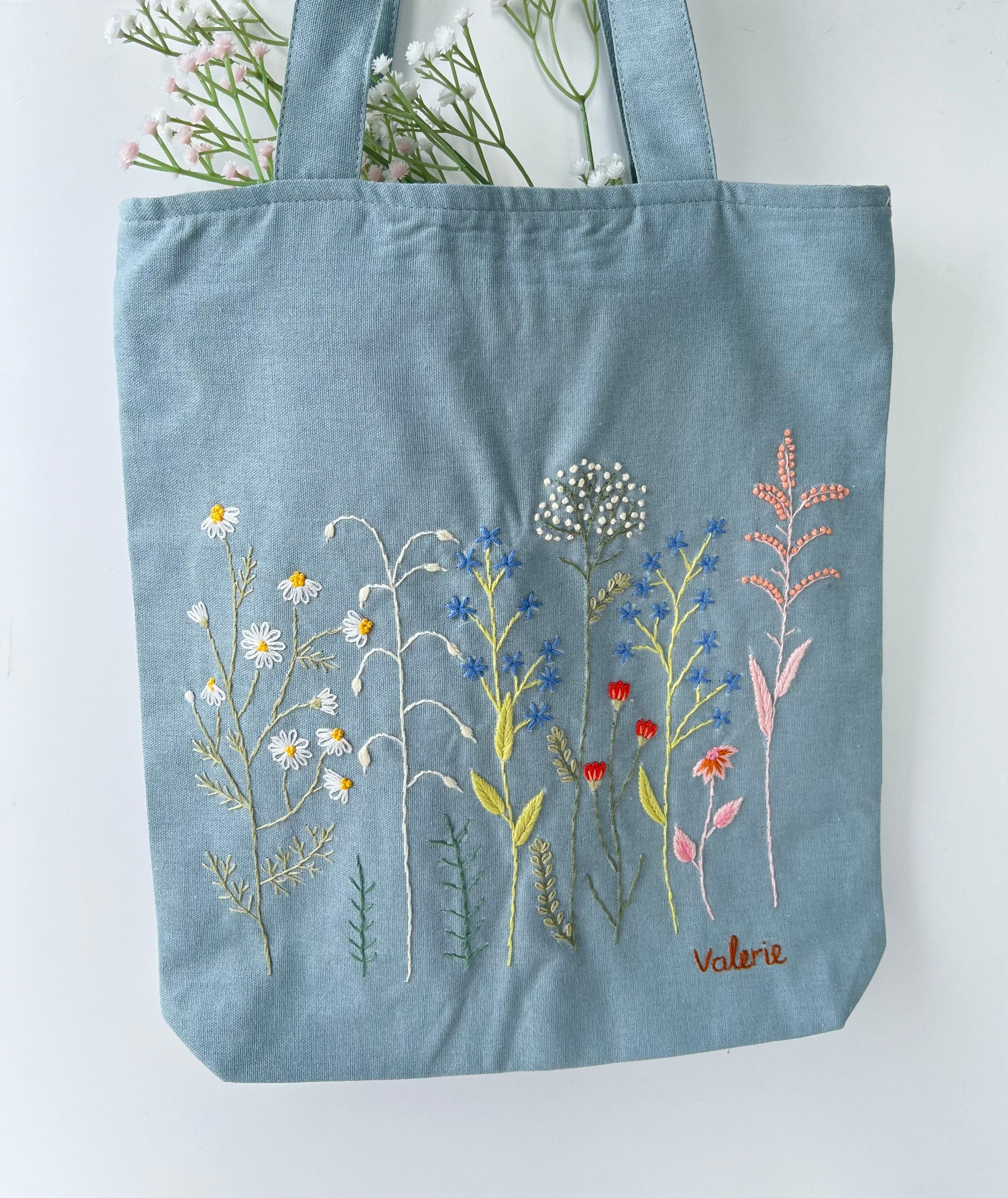 Floral Garden Embroidered Linen Tote Bag With Zipper and Pocket