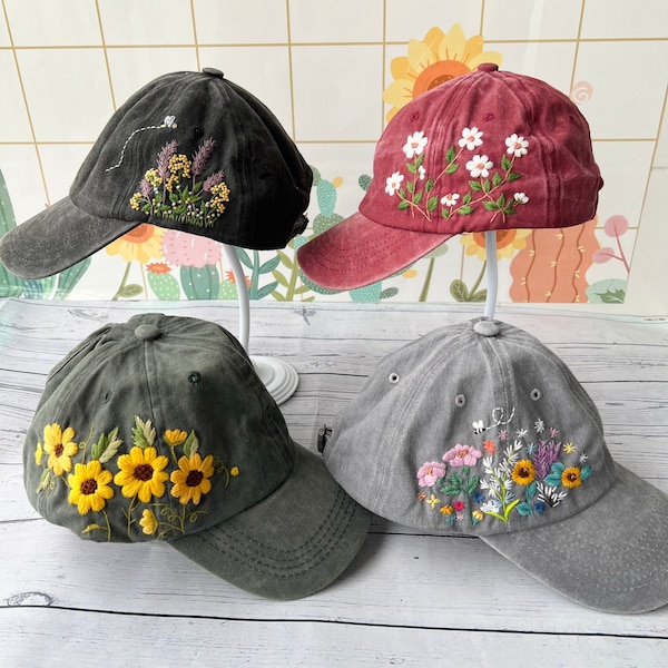 Casquette de baseball florale personnalisée, Casquette de baseball brodée à la main de marguerites, Chapeau en coton délavé, Casquette en denim brodée, Chapeau pour femme, Chapeau d'été, Chapeau de fête