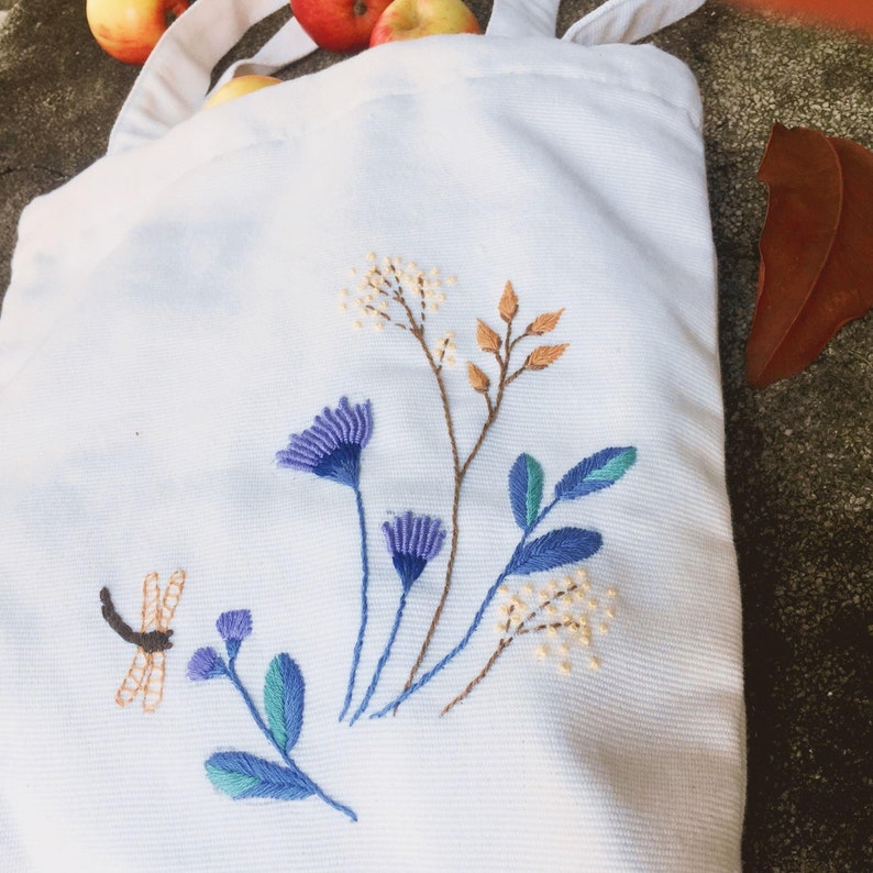 Blue Flowers And Dragonfly Embroidered Linen Tote Bag With Zipper And Pocket, Wild Flower Tote Bag, Hand Embroidered Tote, Personalised Bag image 4