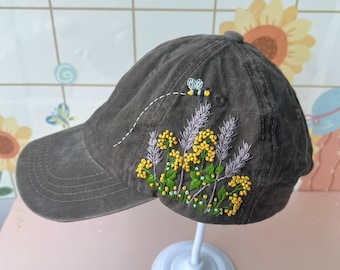 Custom Floral Baseball Cap, Daisy Hand Embroidered Baseball Cap, Wash Cotton Hat, Embroidered Denim Cap, Hat For Women, Summer Hat, Daiy Hat