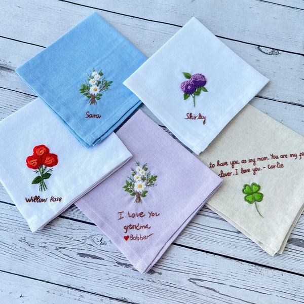 Custom Embroidered Handkerchiefs, Personalized Linen Embroidered Handkerchief, Wild Flower Handkerchief, Hand Embroidery, Wedding Gift