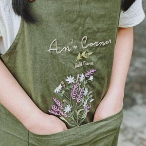 Personalized Embroidered Apron For Women, Hand-Embroidered Apron, Linen Cotton Apron, Flower Embroidery Linen Apron, Custom Apron image 8