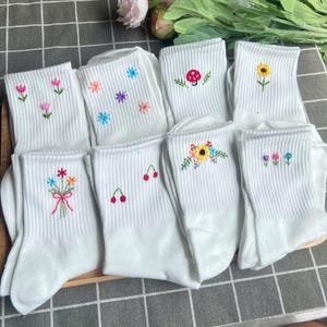 Custom Hand Embroidered Cotton Socks, One Pair Of Socks, Flower And Name Embroidery Socks,Personalized Socks,Mushroom Sock,Women Cute Socks