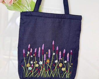 ラベンダーガーデン刺繍入りリネントートバッグ、ジッパーとポケット
