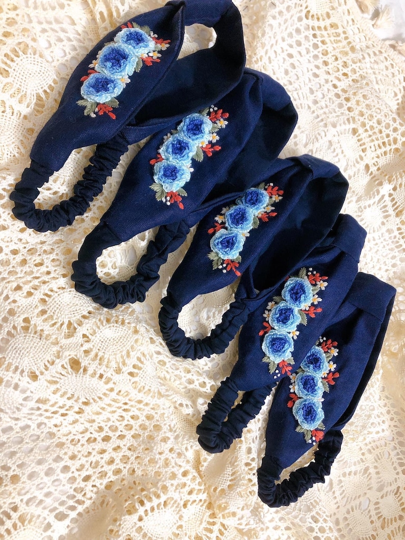 Floral Embroidered Linen Turban, Hand Embroidered Headband, Rose Embroidery Turban, Handmade Hair Accessories,Embroidered Gifts,Gift for mom Navy (blue rose)