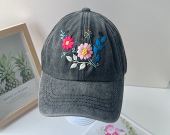 Custom Floral Hand Embroidered Baseball Cap, Flower Embroidered Hat, Wash Cotton Hat, Personalized Denim Cap, Women Hat, Summer Hat