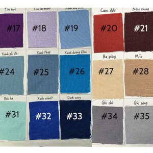May include: A color chart with 36 fabric swatches, each labeled with a number and a Vietnamese word describing the color. The swatches are arranged in rows of six, with the numbers increasing from left to right and top to bottom.