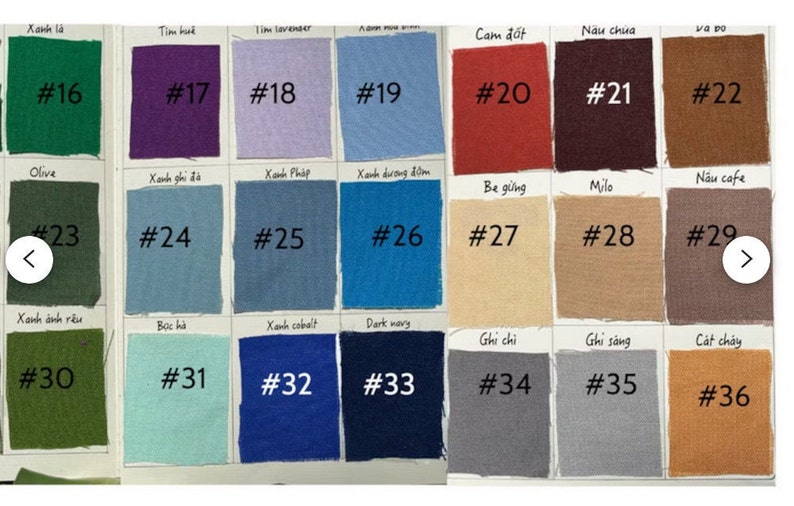 May include: A color chart with 36 fabric swatches, each labeled with a number and a Vietnamese word describing the color. The swatches are arranged in rows of six, with the numbers increasing from left to right and top to bottom.
