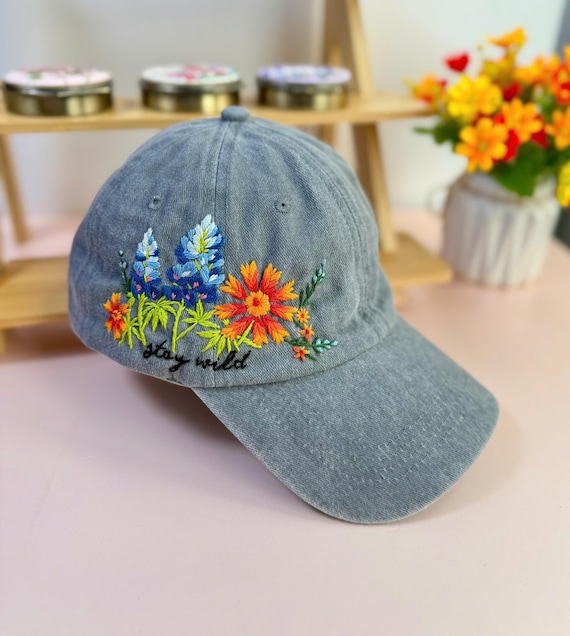 Custom Hand Embroidery Floral Hat, Bluebonnet and Indian Blanket