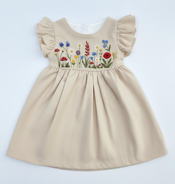 Wild Flower Embroidered Dress, Hand Embroidered Girls Soft Dress, Toddler Linen Dress, Floral Kid Clothing, Baby Dress,First Birthday Outfit
