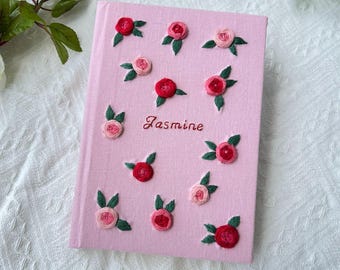 Embroidered Journal Notebook A5, Pink Rose Embroidered Notebook, Fabric cover, Flower Journal,Handmade Vintage Notebook,Custom Journal